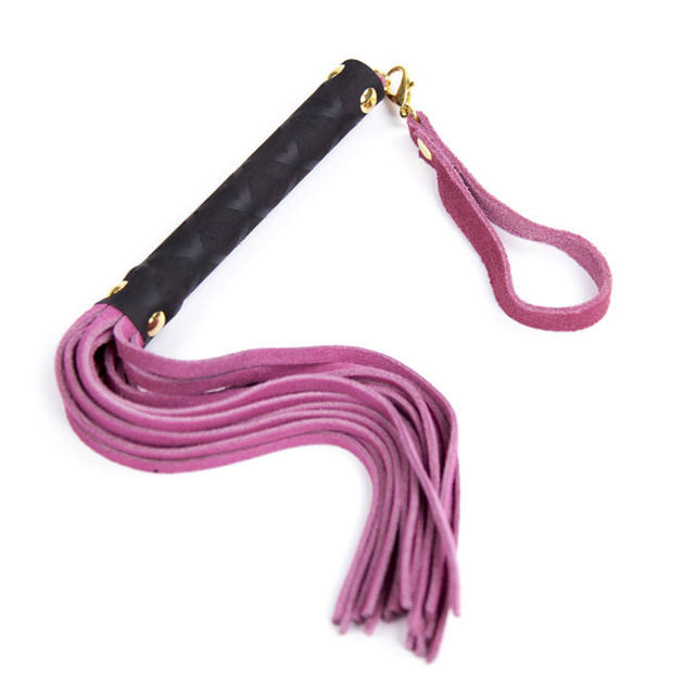 SM Bondage Round Studded Handle Gold Hooked Leather Flogger