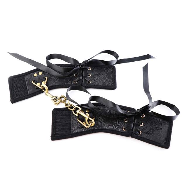 SM Black Jacquard Fabric Bondage Shackles For Hands And Feet